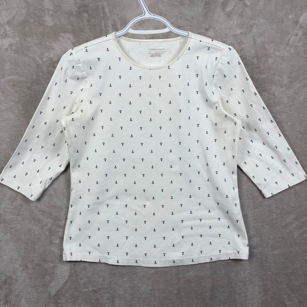 Christopher & Banks Womens White Anchor Print 3/4 Sleeve Top Size S‎ Nautical
